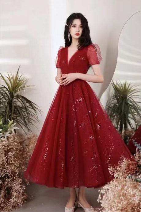 V-neck temperament party dress, daily dress, red bridesmaid dress,custom made