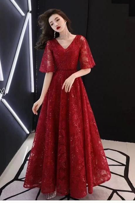 V-neck Prom Dress, Lace Party Dress,red Elegant Dress,custom Made