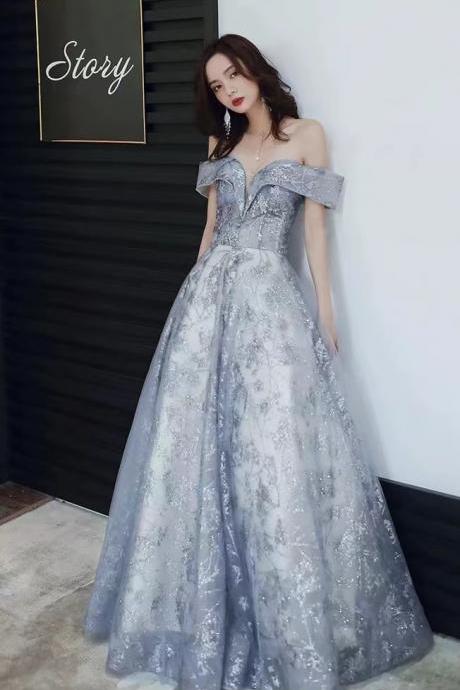 Off Shoulder Prom Dress, Haze Blue Birthday Dress, Elegant Long Evening Dress,custom Made
