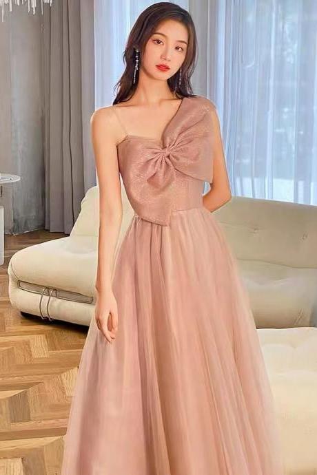 Pink Bridesmaid Dress, Simple Party Dress, Haltern Cute Bow Dress ,custom Made