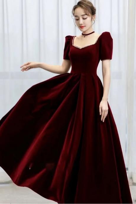 Velvet Prom Gown, Burgundy Square Collar Evening Gown,custom Made