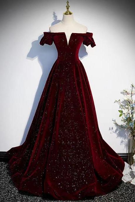Off-shoulder Prom Gown, Burgundy Velvet Evening Gown,custom Made