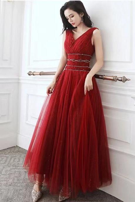 Brugundy Prom Dress, Beaded Luxury Evening Dress, V-neck Party Dress,custom Made