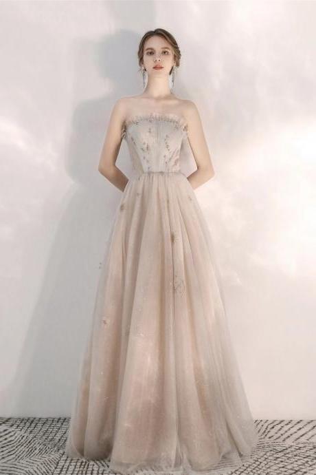 Champagne Prom Gown, Beaded Strapless Party Dress,fairy Bridesmaid Dress,custom Made