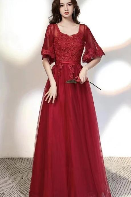 Horn Sleeve Long Tulle Dress, Red Prom Dress ,lace Evening Dress,custom Made