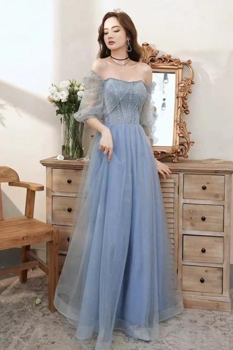 New , temperament long prom dress, fairy party dress,off shoulder blue evening dress,custom made