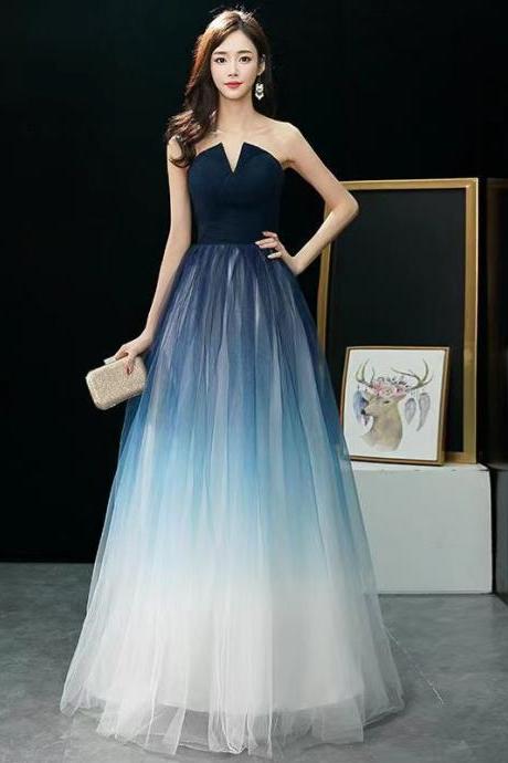 Gradient Blue Evening Dress, Strapless Socialite Prom Gown, Queen Princess Dress,custom Made
