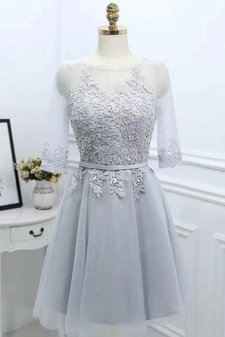 Gray Homecoming Dress, Mid-sleeve Bridesmaid Dress, Lace Party Dress,custom Made