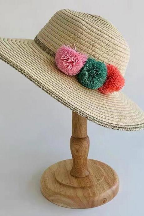 Straw hat, summer, color ball, portable sunshade hat, versatile children/adults beach travel hat