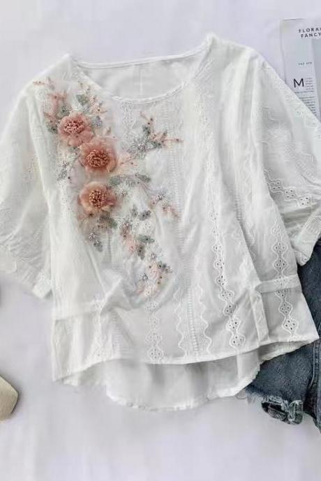 Embroidered 3d Flower Shirt, Short Sleeve Stylish White Top