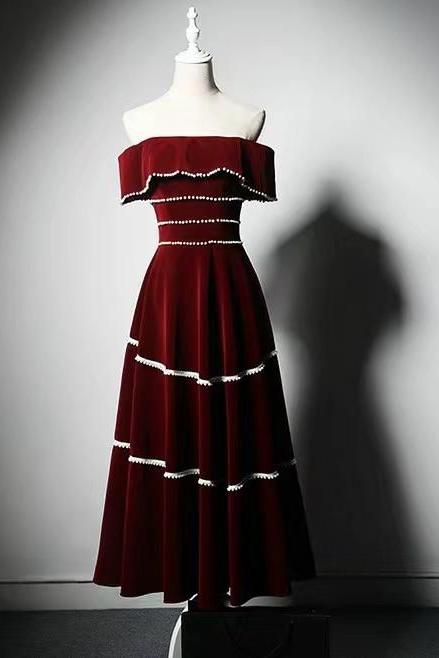 Burgundy prom dress,cute velvet dress,off shoulder party dress,homecoming dress,custom made