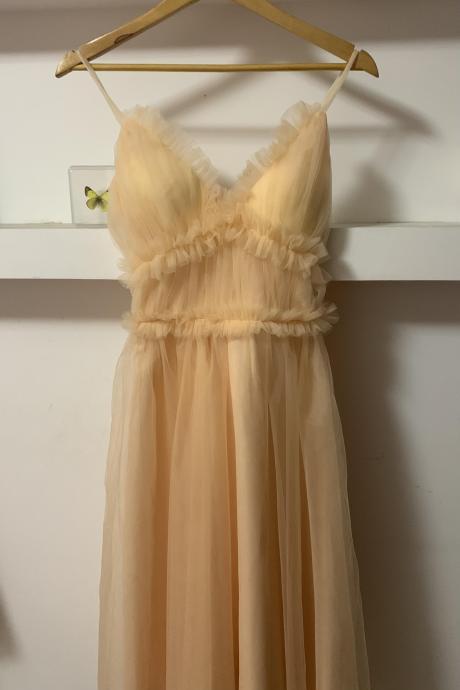 Spaghetti strap party dress,fairy midi dress,gentle apricot daily dress,homecoming dress,custom made