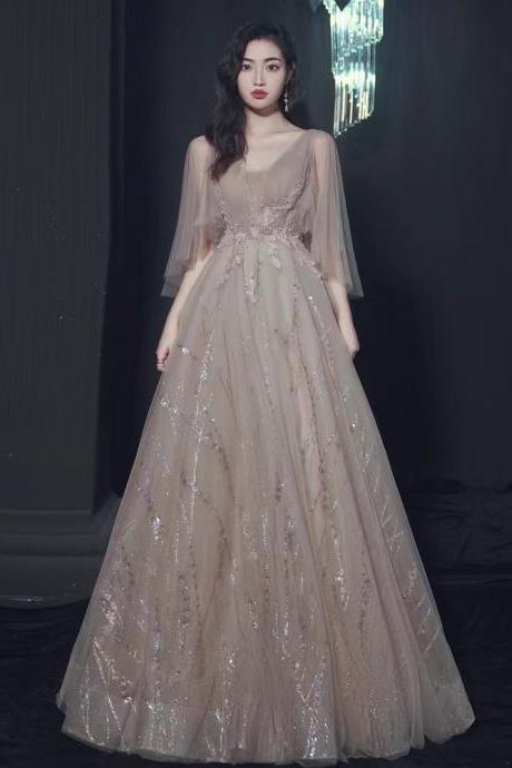 V-neck Sequin Prom Dress, Light Tulle Party Dress,champagne Evening Dress,custom Made