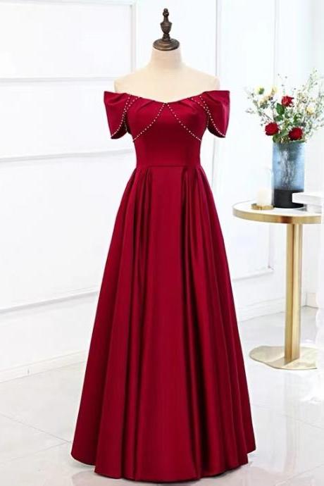Red evening dress ,off shoulder party dress,satin prom dress,,custom made