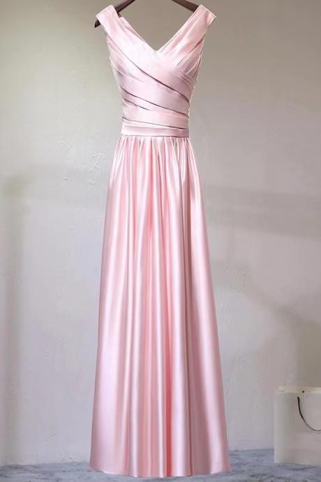 Pink evening dress,v-neck prom dress,satin party dress,custom made