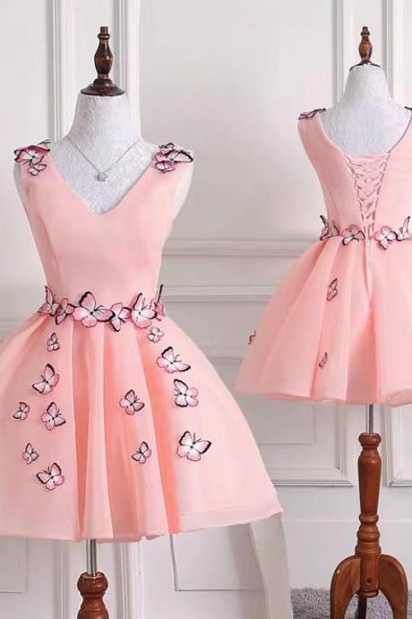 Pink homecoming dress,v-neck party dress,cute short birdthday dress,custom made