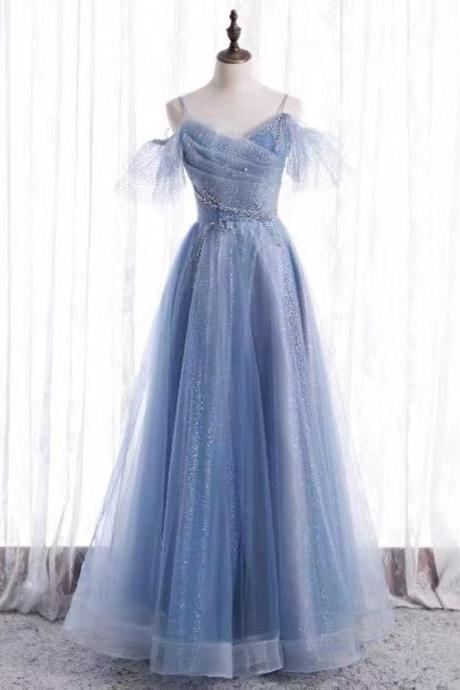 Spaghetti strap evening dress,sexy party dress,blue prom dress,custom made