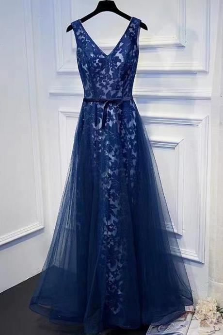 V-neck Prom Dress,lace Party Dress,navy Blue Evening Dress,custom Made