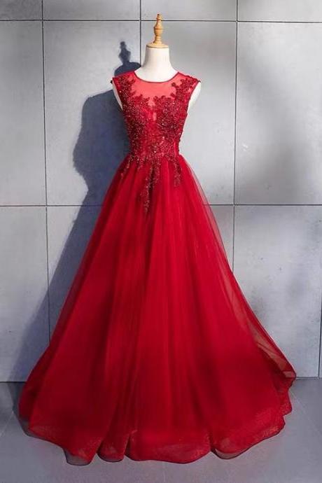Red Evening Dress,o-neck Prom Dress,sleeveless Party Dress,custom Made
