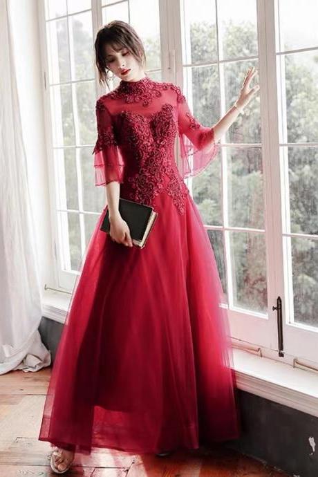 Red Evening Dress, High Collar Socialite Party Dress,, Temperament Fashion Long Sleeve Dress,custom Made