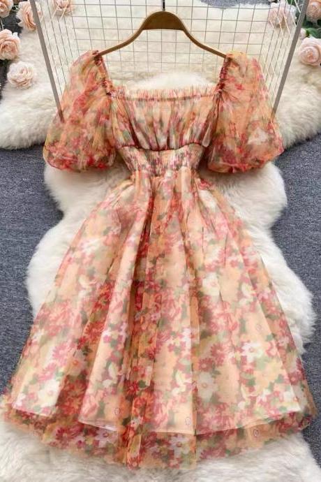 Artistic, Fresh, Tulle Cute Dress, Floral High Waist Sweet Fairy Dress