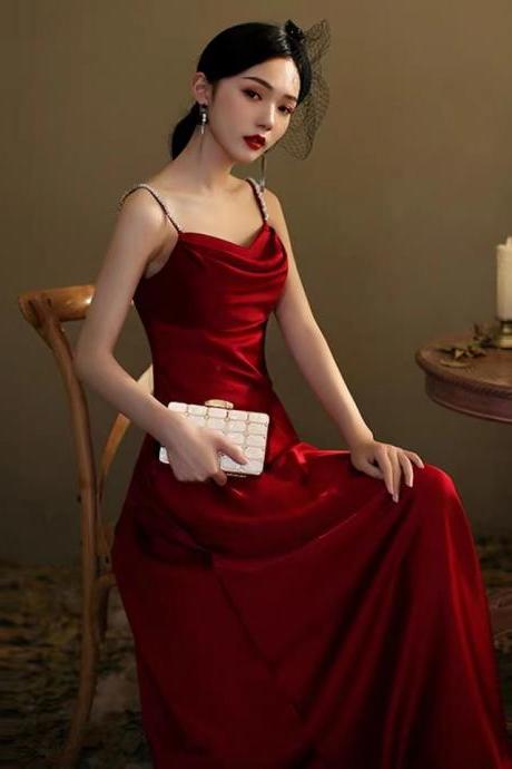 Red Dress, Satin Evening Dress, Spaghetti Strap Party Dress,custom Made