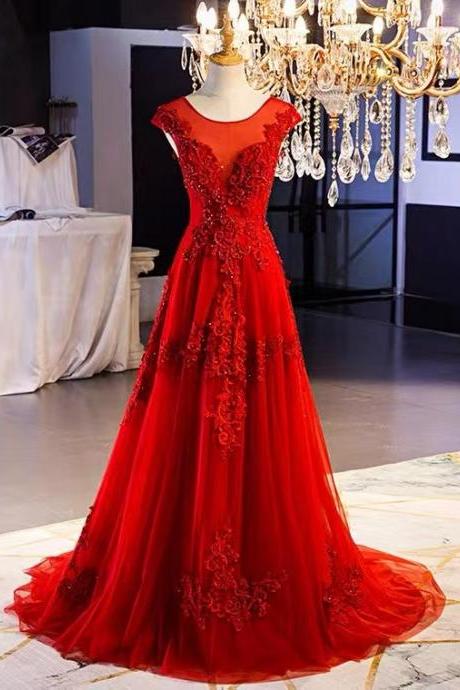 Cap Sleeve Prom Dress, Red Party Dress, Formal Evening Dress,custom Made