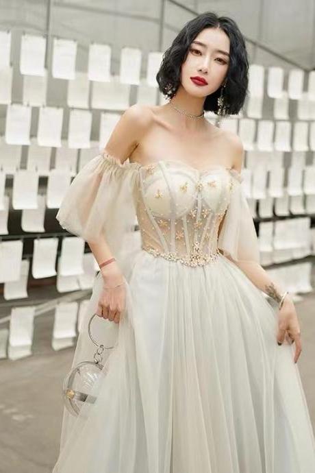 Ivory evening dress, off shoulder party dress, simple bridesmaid dress,custom made