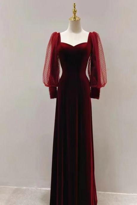 Red Evening Dress , Long Sleeve Party Dress, Velvet Prom Gown ,custom Made