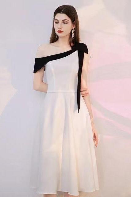 One Shoulder Party Dress,white Evening Dress,satin Midi Dress ,homecoming Dress,custom Made