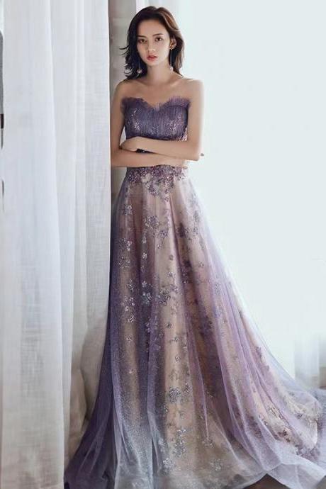 Purple Evening Dress, Strapless Prom Dress, Sequin Shiny Party Dress,custom Made