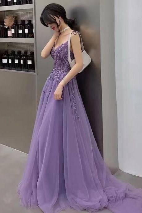 Spaghetti Strap Prom Dress,purple Party Dress,romantic Evening Dress,custom Made