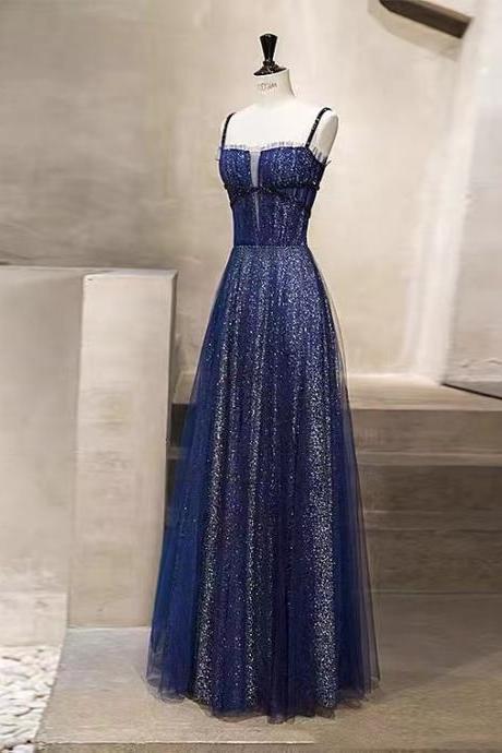 Spaghetti Strap Prom Dress, Tulle Party Dress,navy Blue Evening Dress,custom Made