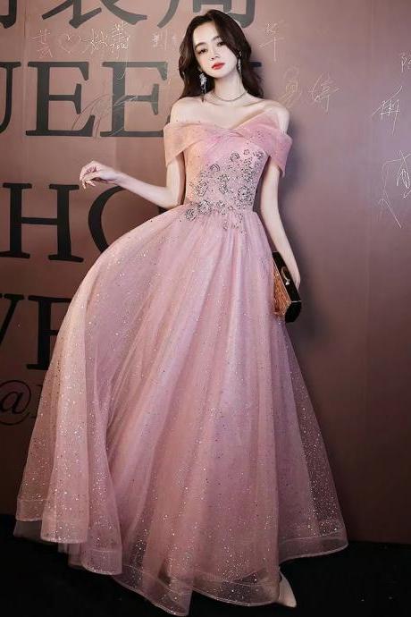 Off-the-shoulder evening dress, pink fairy bridesmaid dress,custom made
