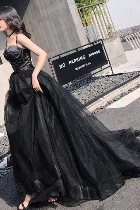 Black Evening Dress,spaghetti Strap Party Dress,custom Made