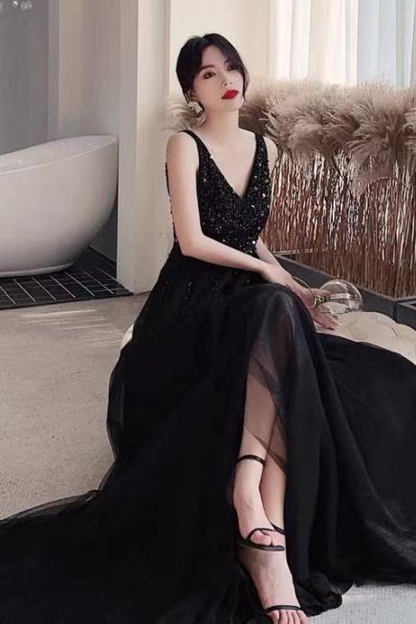Black Evening Dress,v-neck Party Dress,custom Made