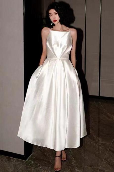 White Evening Dress, Satin Birthday Dress,spaghetti Strap Party Dress,simple Homecoming Dress,custom Made