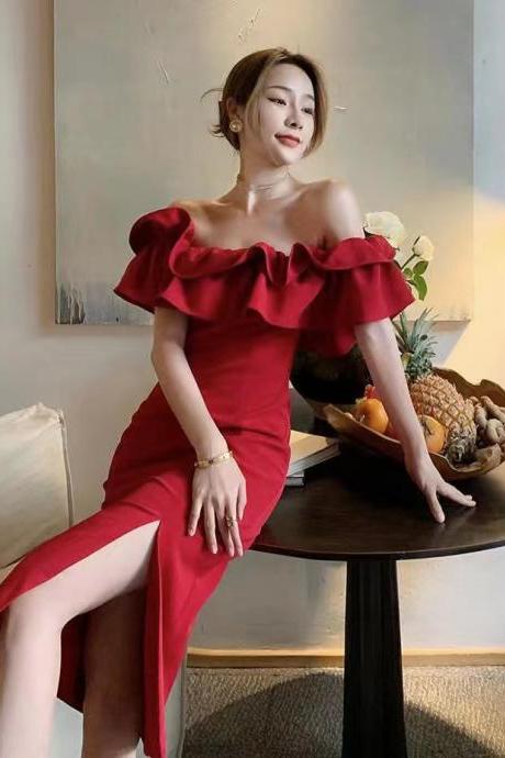 Red Evening Dress, Satin Birthday Dress,off Shoulder Party Dress,custom Made