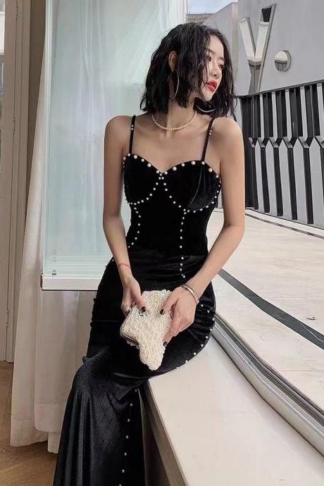 Spaghetti Strap Evening Dress,fashion Daliy Dress,black Party Dress,custom Made