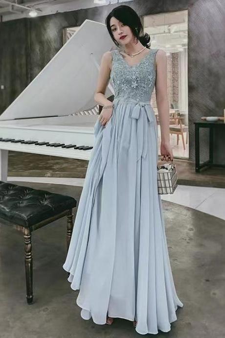 Sky blue evening dress, temperament prom dress, V-neck party dress ,custom made