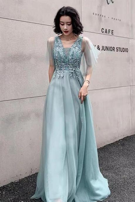 blue evening dress, fairy prom dress, V-neck party dress ,custom made