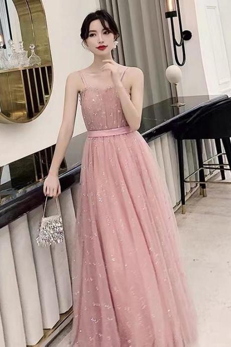 Pink evening dress, fairy prom dress, spaghetti strap party dress ,custom made