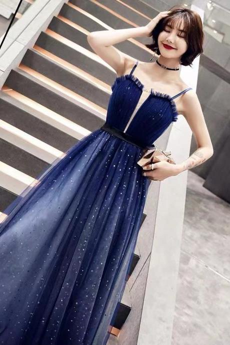 Navy blue birthday dress,dream graduation dress spaghetti strap party dress ,custom made