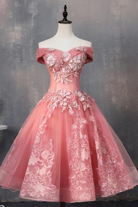 Pink Party Dress,tea Length Sweetheart Homecoming Dress, Off Shoulder Prom Dress, Sweet 16 Dresses ,custom Made