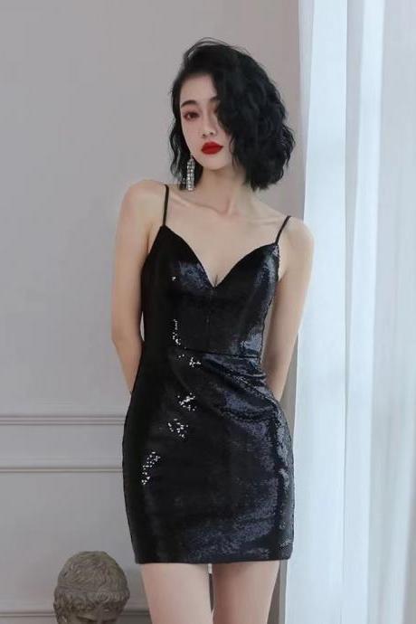 Spaghetti Strap Party Dress,black Dress ,sexy Homecoming Dress,sequin Graduation Dress,custom Made