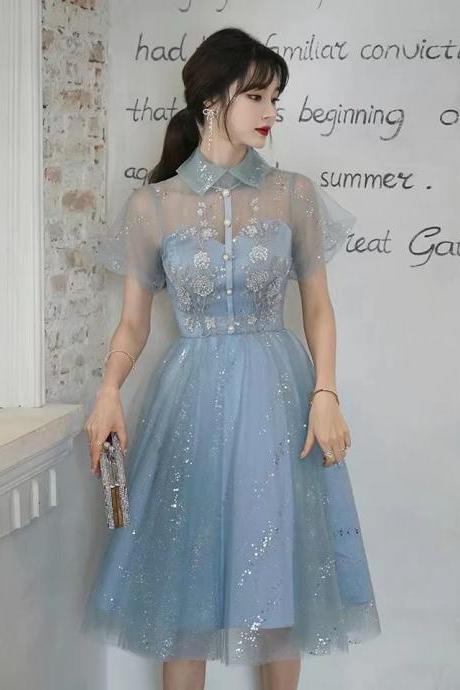 High Collar Prom Dress, Blue Homecoming Dress, Elegant Daily Party Dress,custom Made
