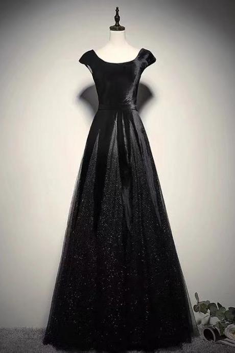 Black Dress, Elegant Formal Dress, Cap Sleeve Evening Dress ,custom Made