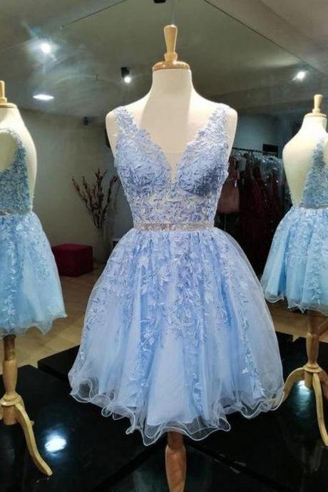 V-neck Blue Lace Prom Dresses, Backless Light Blue Lace Homecoming Dresses, Short Light Blue Lace Graduation Dresses ,custom Made