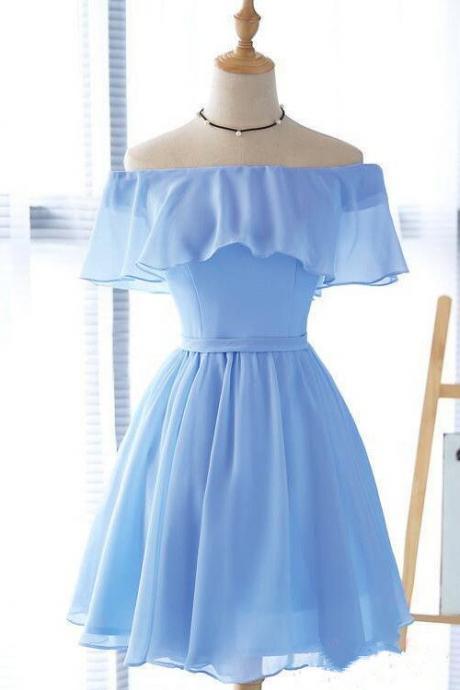 Cute Chiffon Homecoming Dress,blue Short Bridesmaid Dress, Off Shoulder Party Dress ,custom Made