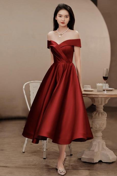 Elegant Burgundy Evening Dresses, Satin Tea Length Bridesmaid Dress, Off Shoulder Short Prom Dresses,Custom Made